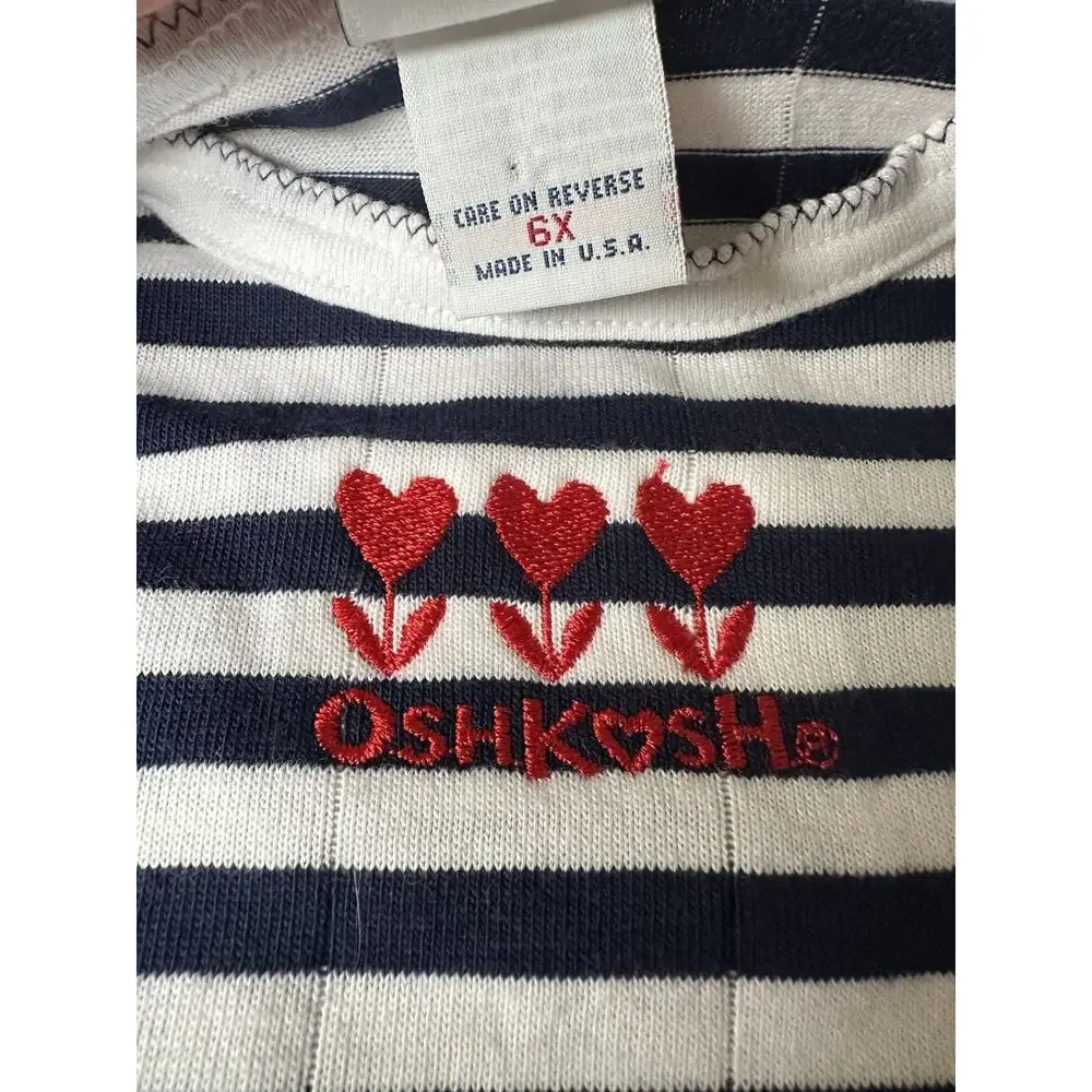 VTG OshKosh B'gosh Blue White Ringer T-Shirt Sz 6x USA New Striped Embroidered